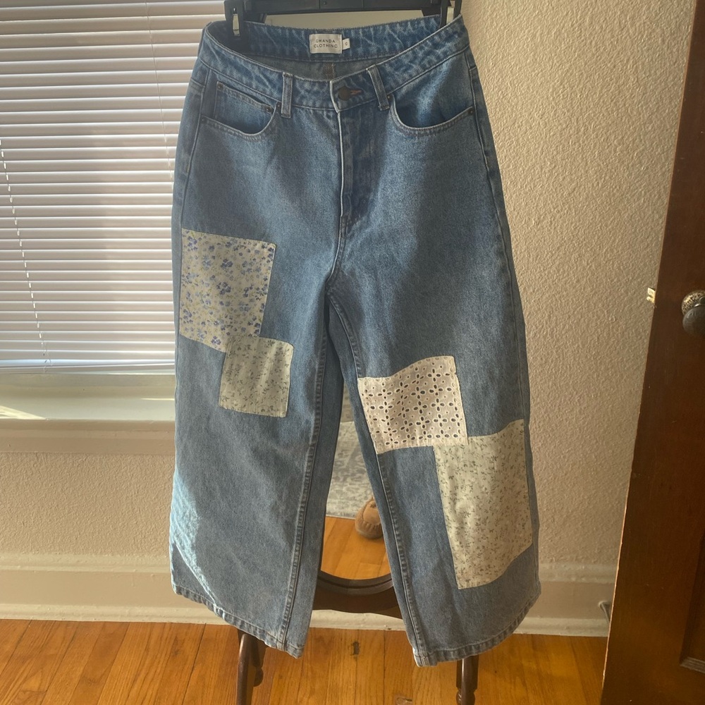 Ghanda Blue and White Patchwork Flare Jeans